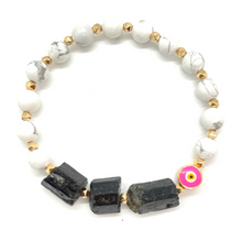 Load image into Gallery viewer, Evil Eye, Black Tourmaline, & White Howlite Gemstone Bracelet