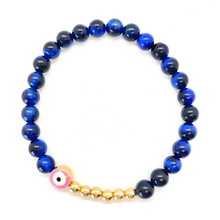 Load image into Gallery viewer, 6mm Blue Tigers Eye and Gold Hematite Evil Eye