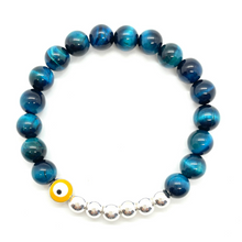 Load image into Gallery viewer, 8mm Turquoise Tigers Eye and Silver Hematite Evil Eye