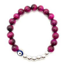 Load image into Gallery viewer, 8mm Pink Tigers Eye and Silver Hematite Evil Eye