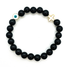 Load image into Gallery viewer, 8mm Black Onyx with Gold Hematite Evil Eye & Cross