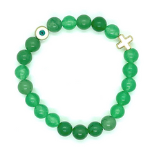 Load image into Gallery viewer, 8mm Green Jade with Gold Hematite Evil Eye & Cross