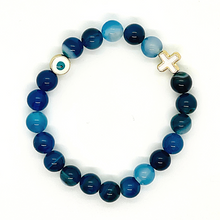 Load image into Gallery viewer, 8mm Blue Agate with Gold Hematite Evil Eye & Cross