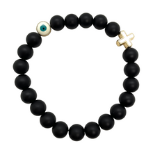 Load image into Gallery viewer, 8mm Matte Black with Gold Hematite Evil Eye &amp; Cross