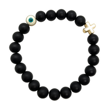 Load image into Gallery viewer, 8mm Matte Black with Gold Hematite Evil Eye & Cross