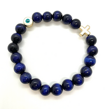 Load image into Gallery viewer, 8mm Blue Tigers Eye with Gold Hematite Evil Eye & Cross
