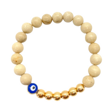 Load image into Gallery viewer, 8mm Fossil Jasper and Gold Hematite Evil Eye