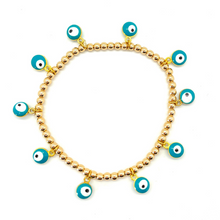 Load image into Gallery viewer, Gold Hematite Hanging Teal Evil Eye Bracelet