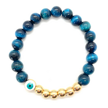 Load image into Gallery viewer, 8mm Turquoise Tigers Eye and Gold Hematite Evil Eye