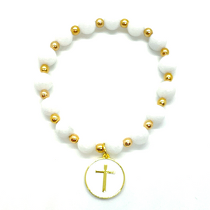 White Jade with Gold Hematite & Cross Charm
