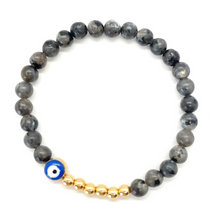 Load image into Gallery viewer, 6mm Larvikite and Gold Hematite Evil Eye