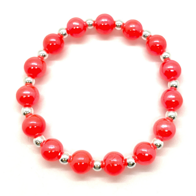 Neon Coral Glass Baller with Silver Hematite
