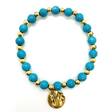 Load image into Gallery viewer, Neon Turquoise Glass Baller with Gold Hematite &amp; Charm