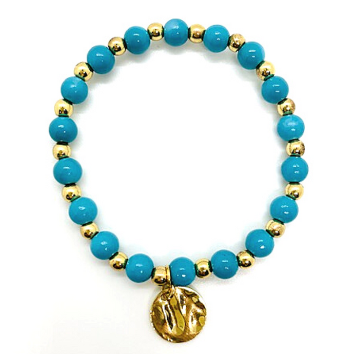 Neon Turquoise Glass Baller with Gold Hematite & Charm