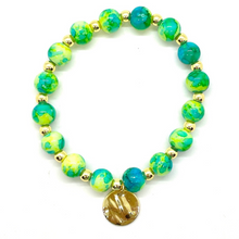 Load image into Gallery viewer, Neon Green/Blue Glass Baller with Gold Hematite &amp; Charm