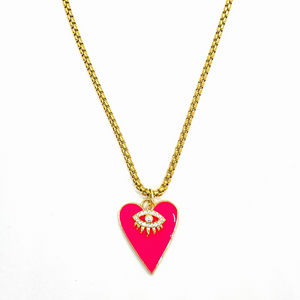Large Enamel Heart and Crystal Evil Eye Necklace