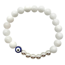 Load image into Gallery viewer, 8mm White Jade and Silver Hematite Evil Eye