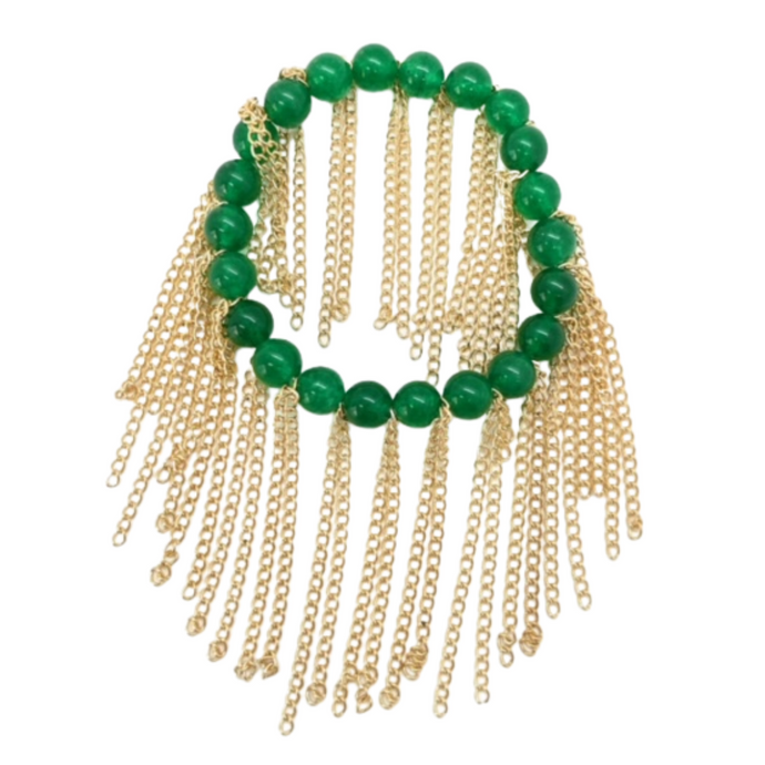 Dark Green Jade with Gold Chain Fringe