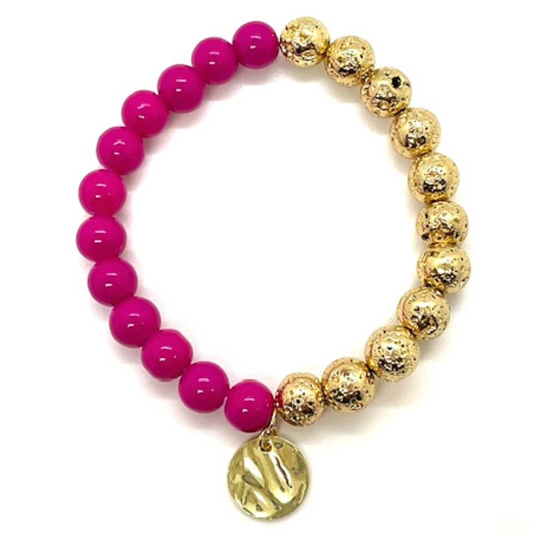 Fushia Glass Beads & Half Gold Lava Bracelet