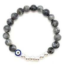 Load image into Gallery viewer, 8mm Larvikite and Silver Hematite Blue Evil Eye