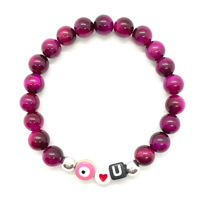 Silver Pink Tigers Eye Love U Bracelet