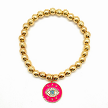 Load image into Gallery viewer, Gold Hematite with Neon Pink Hanging Evil Eye Charm
