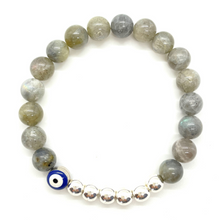 Load image into Gallery viewer, 8mm Labradorite and Silver Hematite Evil Eye