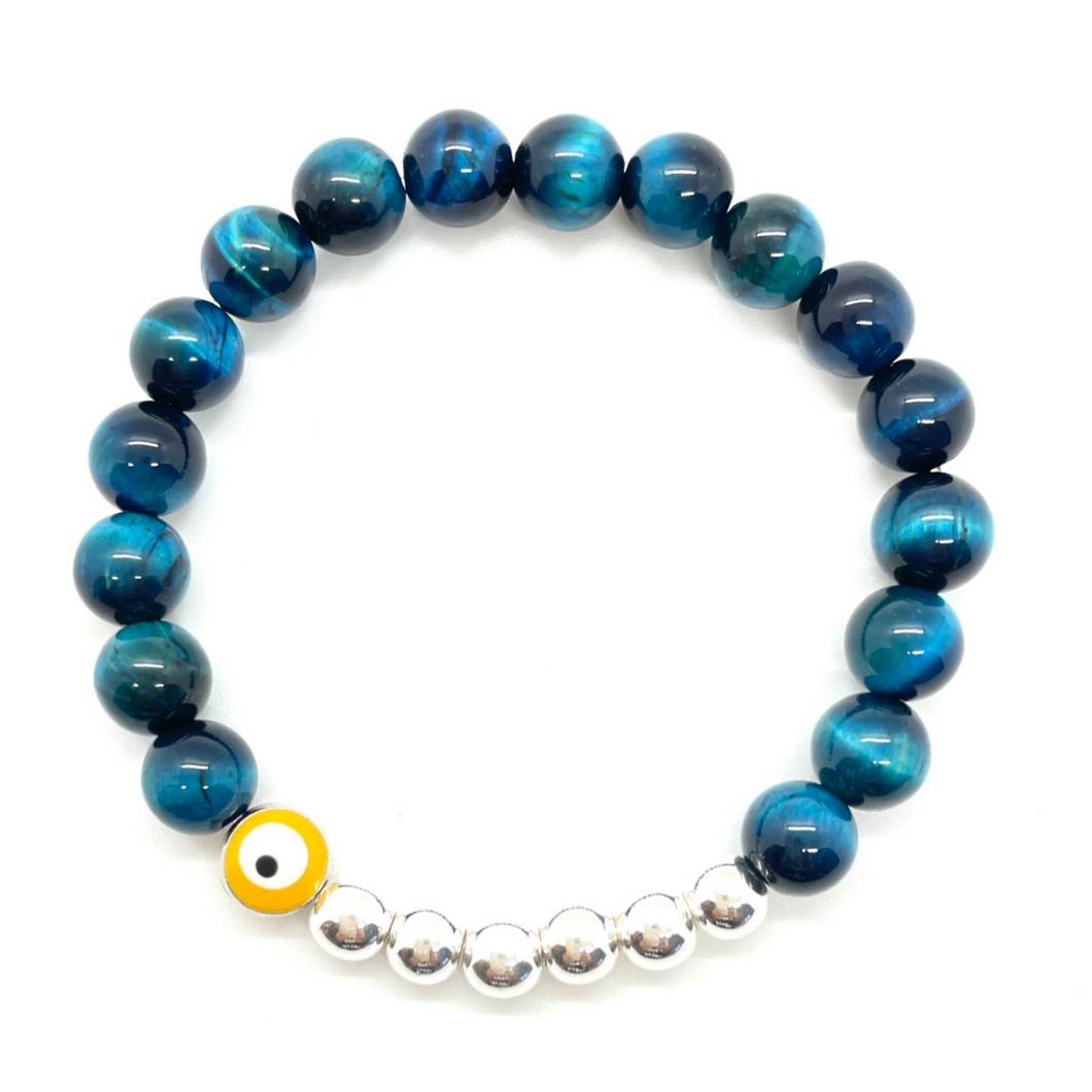 8mm Turquoise Tigers Eye and Silver Hematite Evil Eye