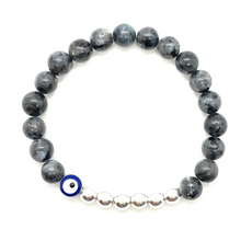 Load image into Gallery viewer, 8mm Larvikite and Silver Hematite Evil Eye