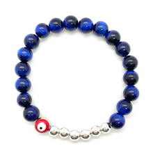 Load image into Gallery viewer, 8mm Blue Tigers Eye and Silver Hematite Evil Eye