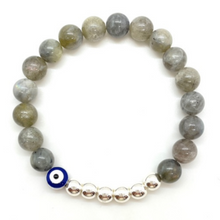 Load image into Gallery viewer, 8mm Labradorite and Silver Hematite Blue Evil Eye