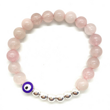 Load image into Gallery viewer, 8mm Rose Quartz and Silver Hematite Evil Eye
