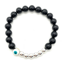 Load image into Gallery viewer, 8mm Black Onyx and Silver Hematite Evil Eye