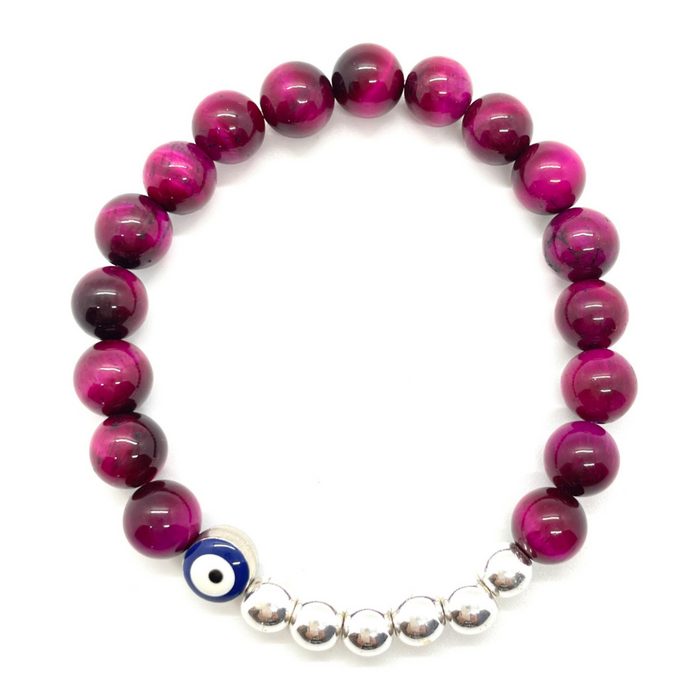 8mm Pink Tigers Eye and Silver Hematite Evil Eye