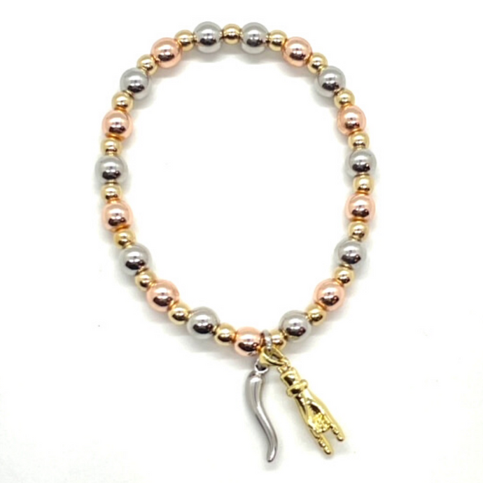 Mixed Metal Hematite Bracelet with Silver Cornicello and Gold Mano Cornuto