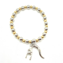 Load image into Gallery viewer, Mixed Gold and Silver Hematite Bracelet with Silver Cornicello and Mano Cornuto