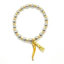 Load image into Gallery viewer, Mixed Gold and Silver Hematite Bracelet with Gold Cornicello and Mano Cornuto