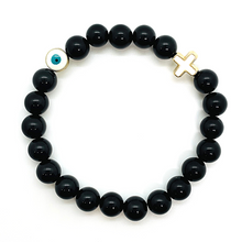 Load image into Gallery viewer, 8mm Black Onyx with Gold Hematite Evil Eye &amp; Cross