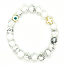 Load image into Gallery viewer, 8mm White Howlite with Gold Hematite Evil Eye &amp; Cross