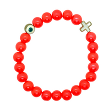 Load image into Gallery viewer, 8mm Neon Coral Glass with Gold Hematite Evil Eye &amp; Cross
