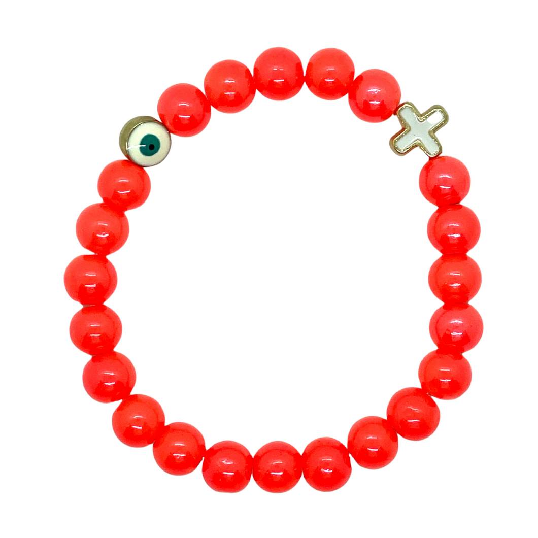 8mm Neon Coral Glass with Gold Hematite Evil Eye & Cross