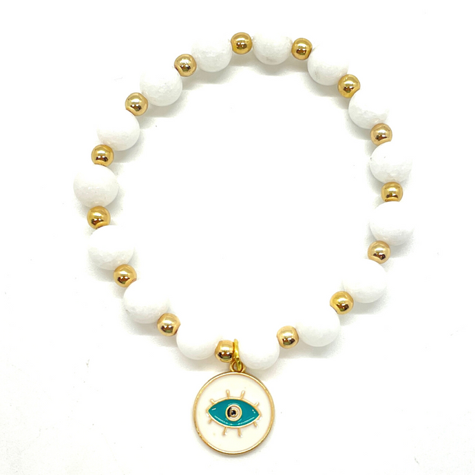 White Jade with Gold Hematite & Evil Eye Charm