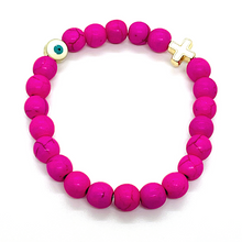 Load image into Gallery viewer, 8mm Hot Pink Stone with Gold Hematite Evil Eye &amp; Cross