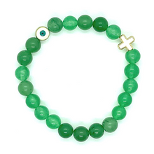 Load image into Gallery viewer, 8mm Green Jade with Gold Hematite Evil Eye &amp; Cross