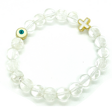 Load image into Gallery viewer, 8mm Clear Quartz with Gold Hematite Evil Eye &amp; Cross