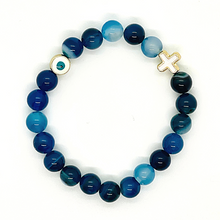 Load image into Gallery viewer, 8mm Blue Agate with Gold Hematite Evil Eye &amp; Cross
