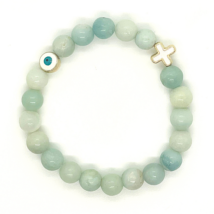 8mm Amazonite with Gold Hematite Evil Eye & Cross