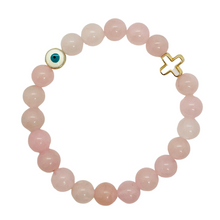 Load image into Gallery viewer, 8mm Rose Quartz with Gold Hematite Evil Eye &amp; Cross