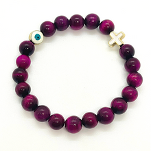 Load image into Gallery viewer, 8mm Pink Tigers Eye with Gold Hematite Evil Eye &amp; Cross