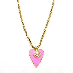 Large Enamel Heart and Crystal Evil Eye Necklace